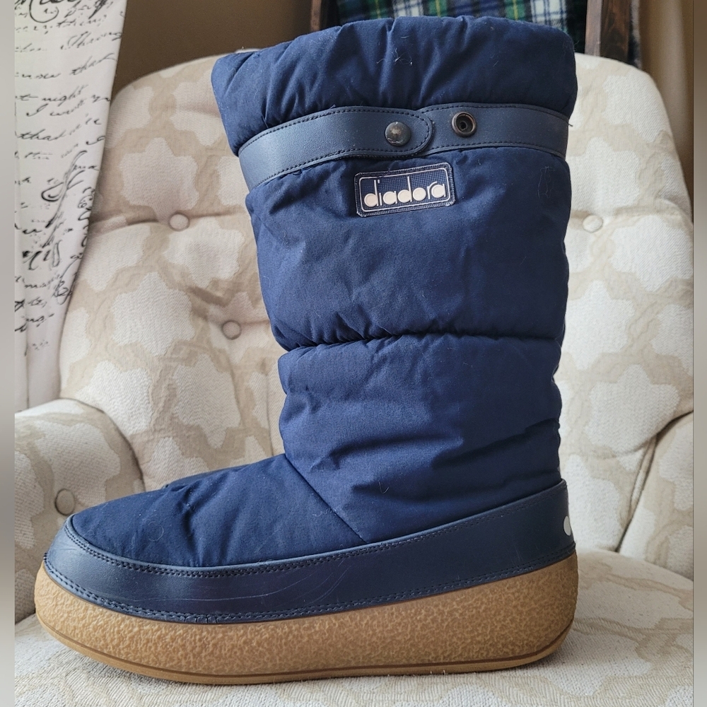 DIADORA MOON BOOTS QUILTED  SNAPS NAVY GUM RUBBER VINTAGE 80s 44 45 10.5 11 11.5